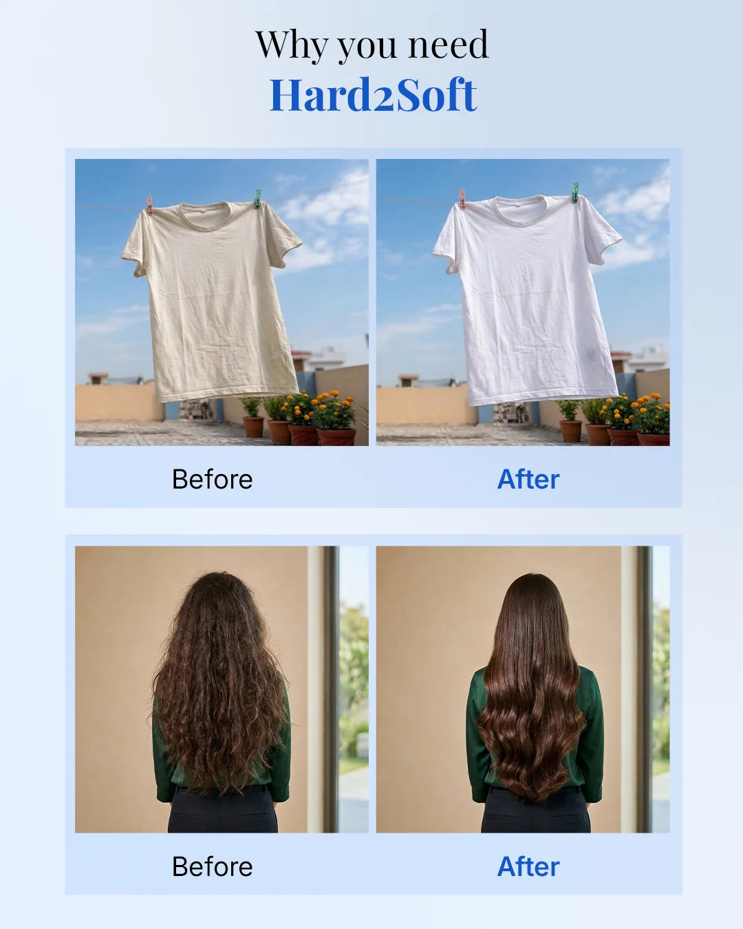Hard2Soft hard water conditioner results – brighter clothes and smoother hair before and after comparison.