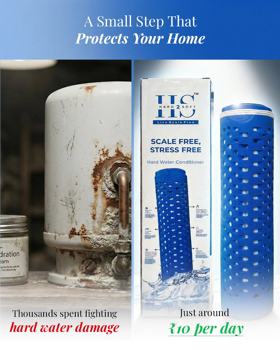 Hard2Soft hard water conditioner protecting appliances from hard water scale at low daily cost.
