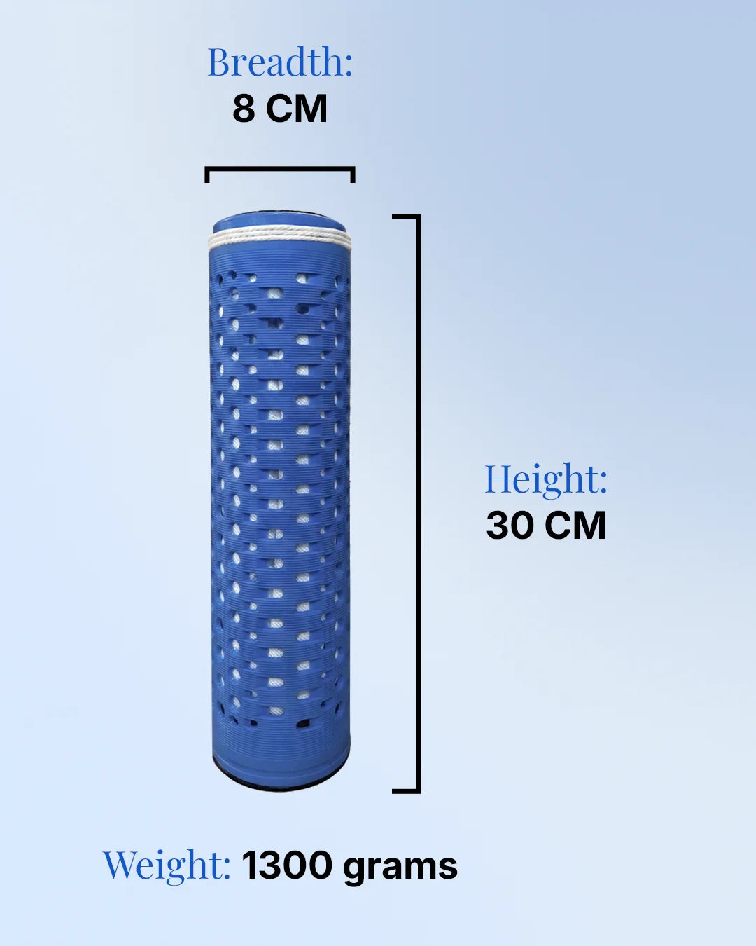 Hard2Soft hard water conditioner cartridge dimensions – 30 cm height, 8 cm width, 1300 grams weight.